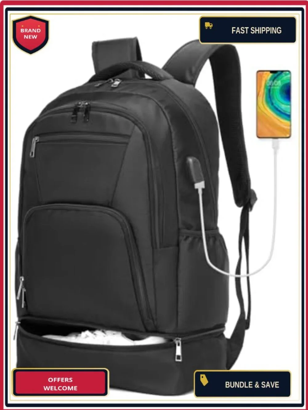 Gym Backpack with Shoe Compartment, USB Charging Port, Waterproof Nylon Laptop